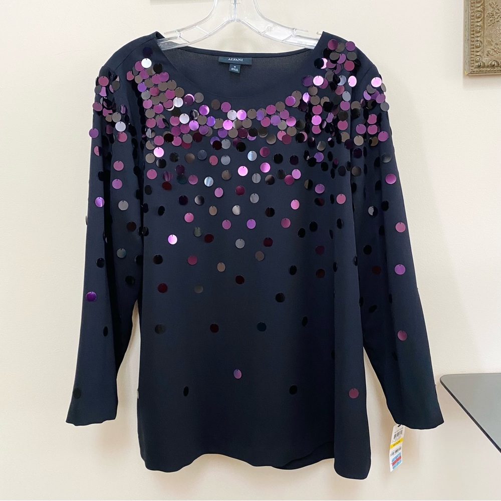 ALFANI GILDED PLUM SEQUINS PULLOVER BLOUSE SPECIAL OCCASION Cocktail BLACK NEW